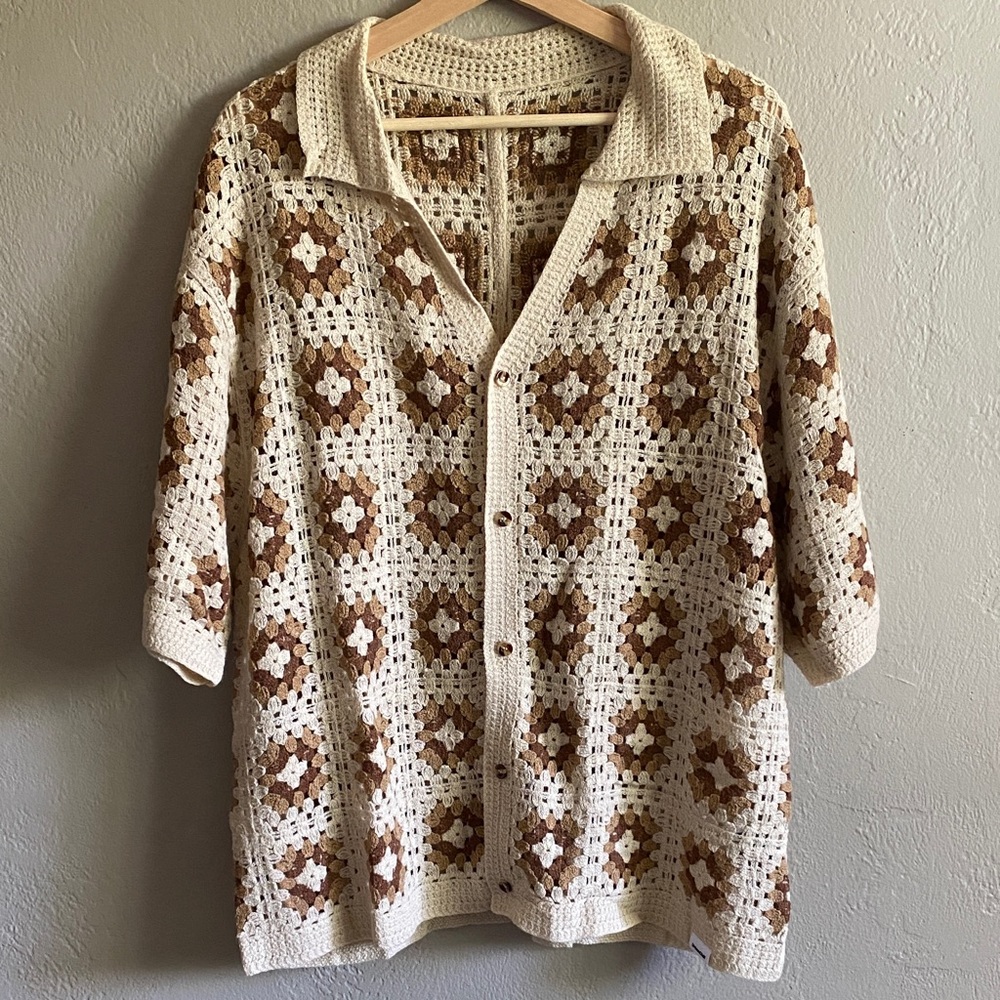 SHEIN Mens Small Knit Shirt Crochet Patterned Cream Brown NWOT